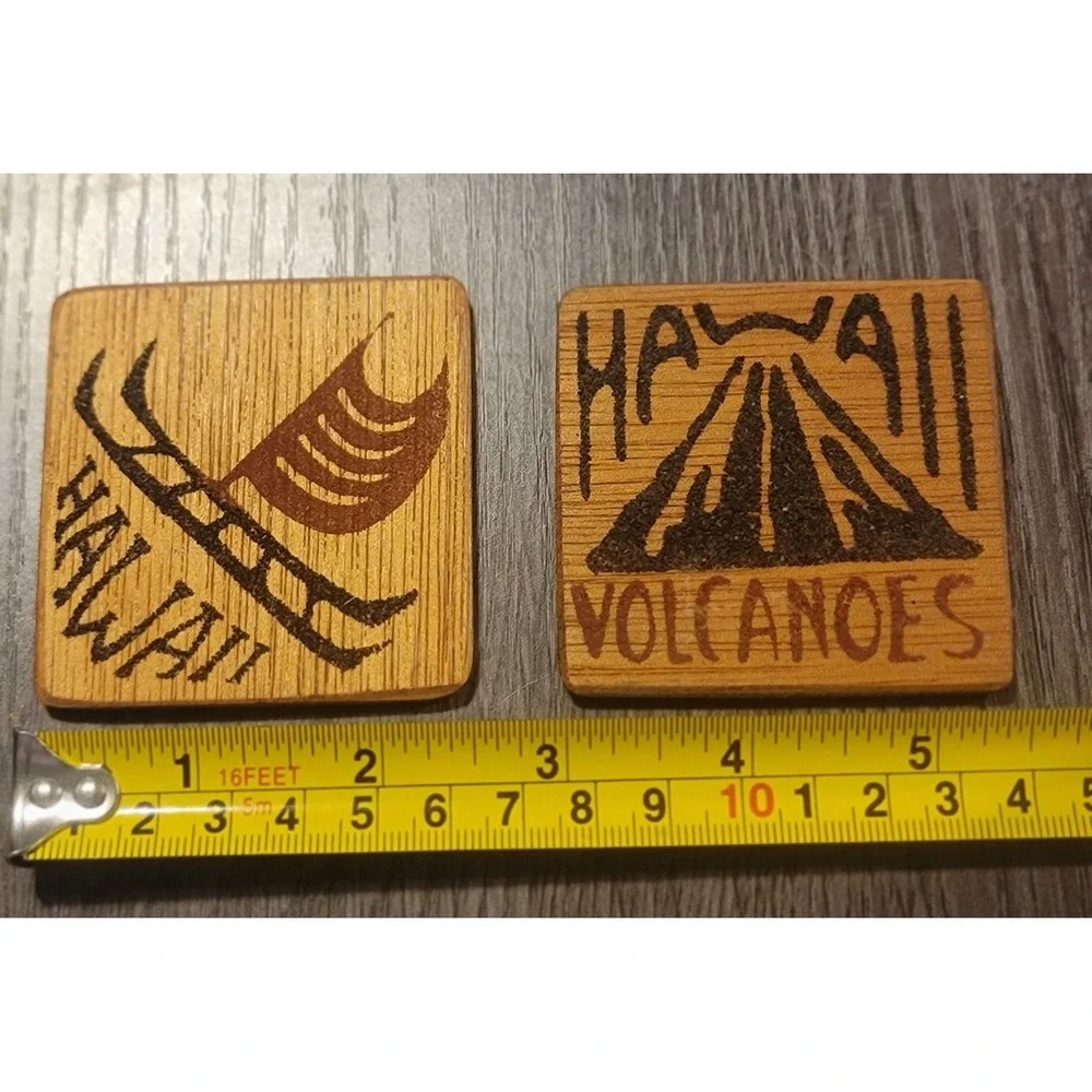 2 Hawaii Koa Wood Square Magnets Islander Canoe & Volcanoes Ash Magnet 2.5